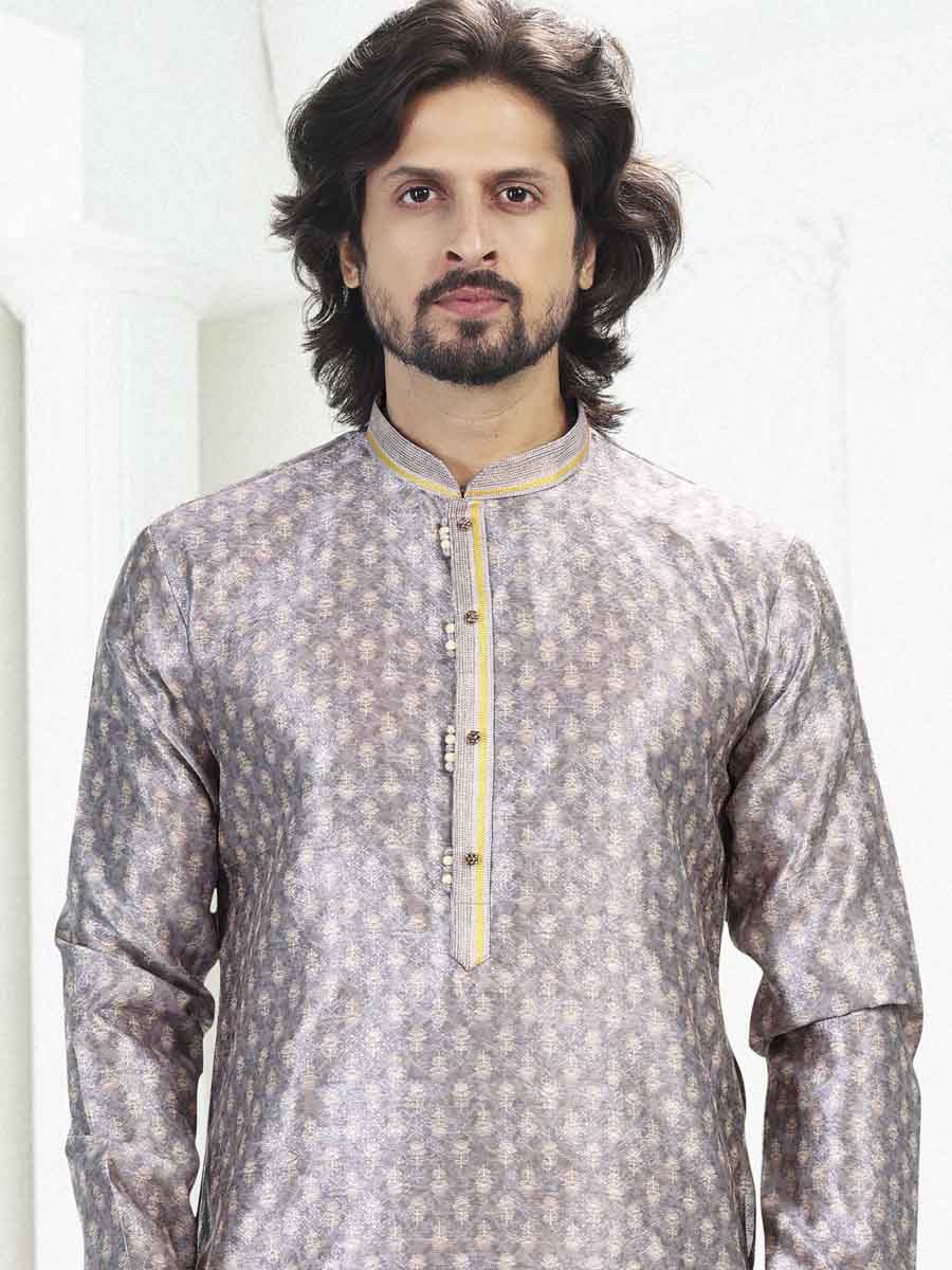 Gray Banarasi Silk Printed Festival Wedding Kurta
