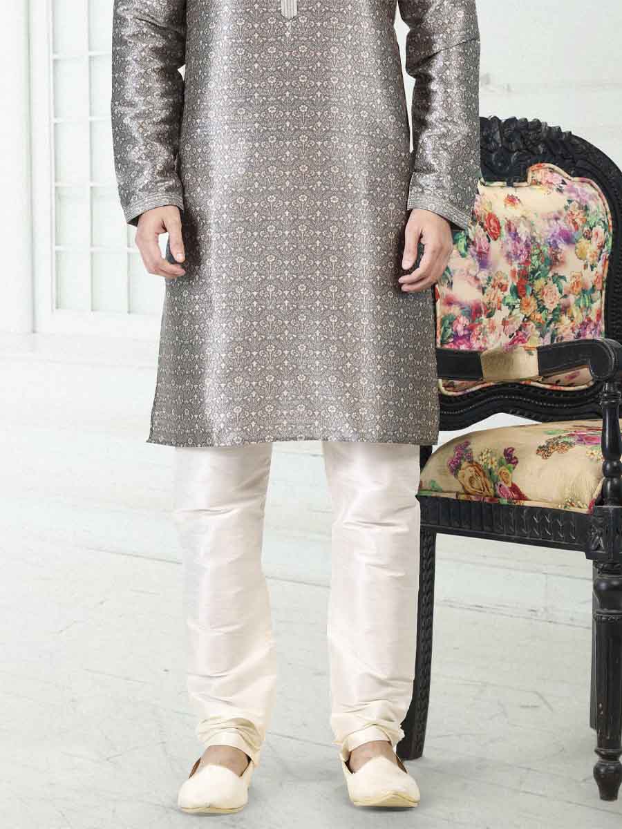 Gray Banarasi Silk Printed Festival Wedding Kurta
