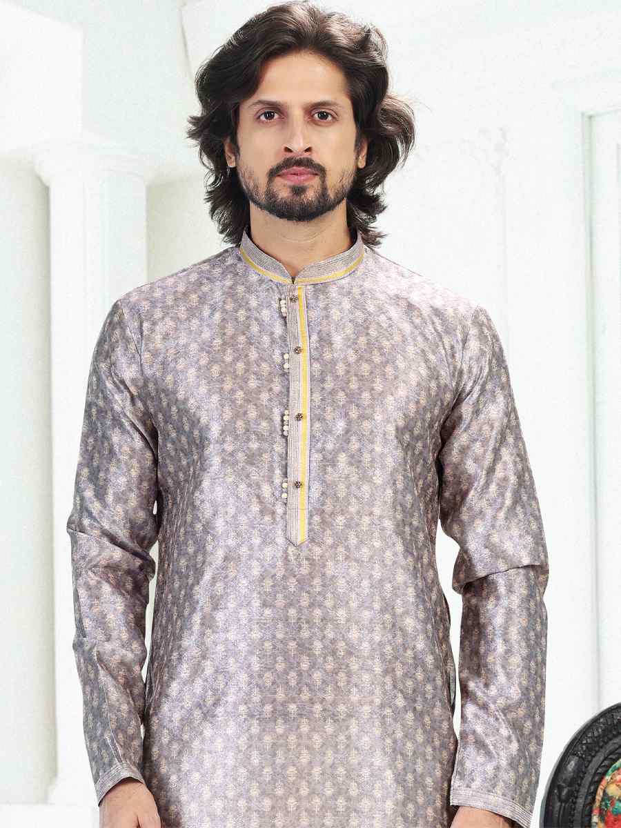 Gray Banarasi Silk Woven Festival Party Kurta