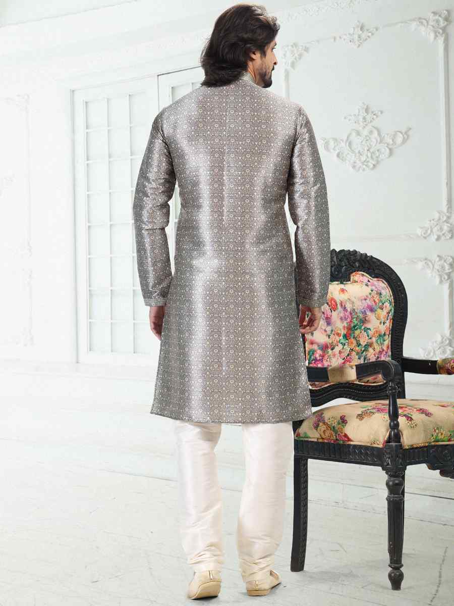 Gray Banarasi Silk Woven Festival Party Kurta