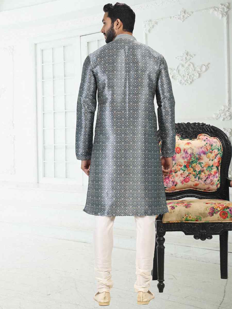 Gray Banarasi Silk Woven Festival Party Kurta