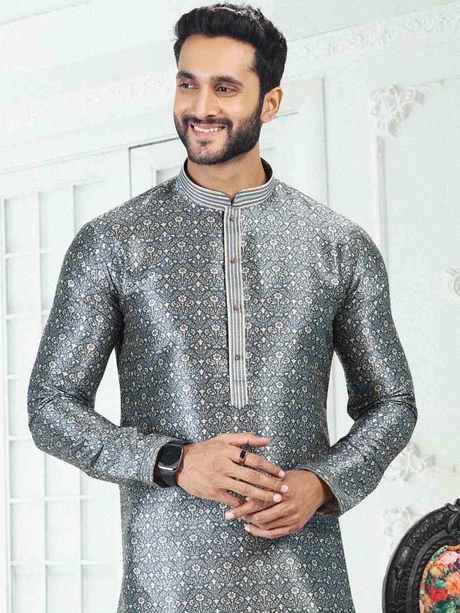 Gray Banarasi Silk Woven Festival Party Kurta