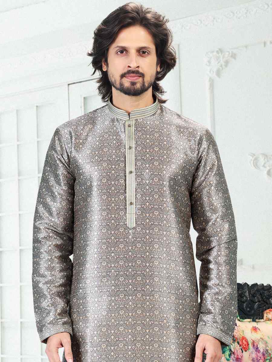 Gray Banarasi Silk Woven Festival Party Kurta