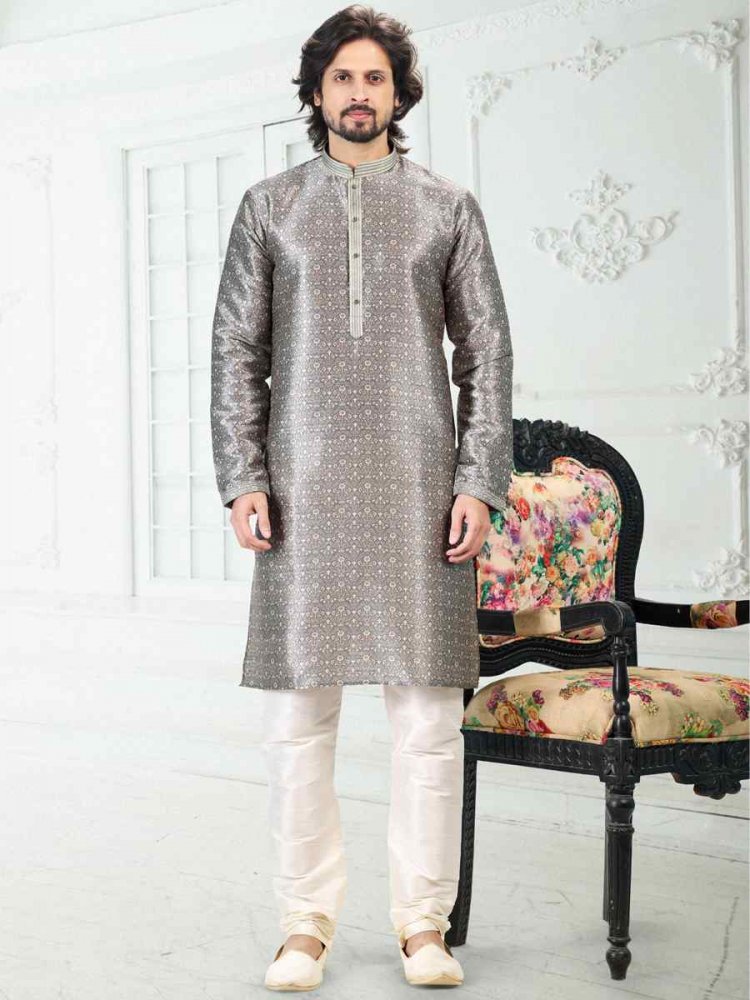 Gray Banarasi Silk Woven Festival Party Kurta