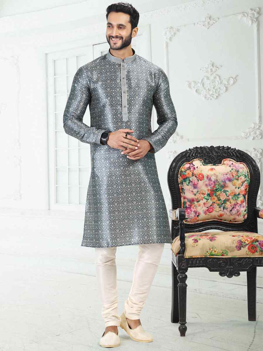 Gray Banarasi Silk Woven Festival Party Kurta