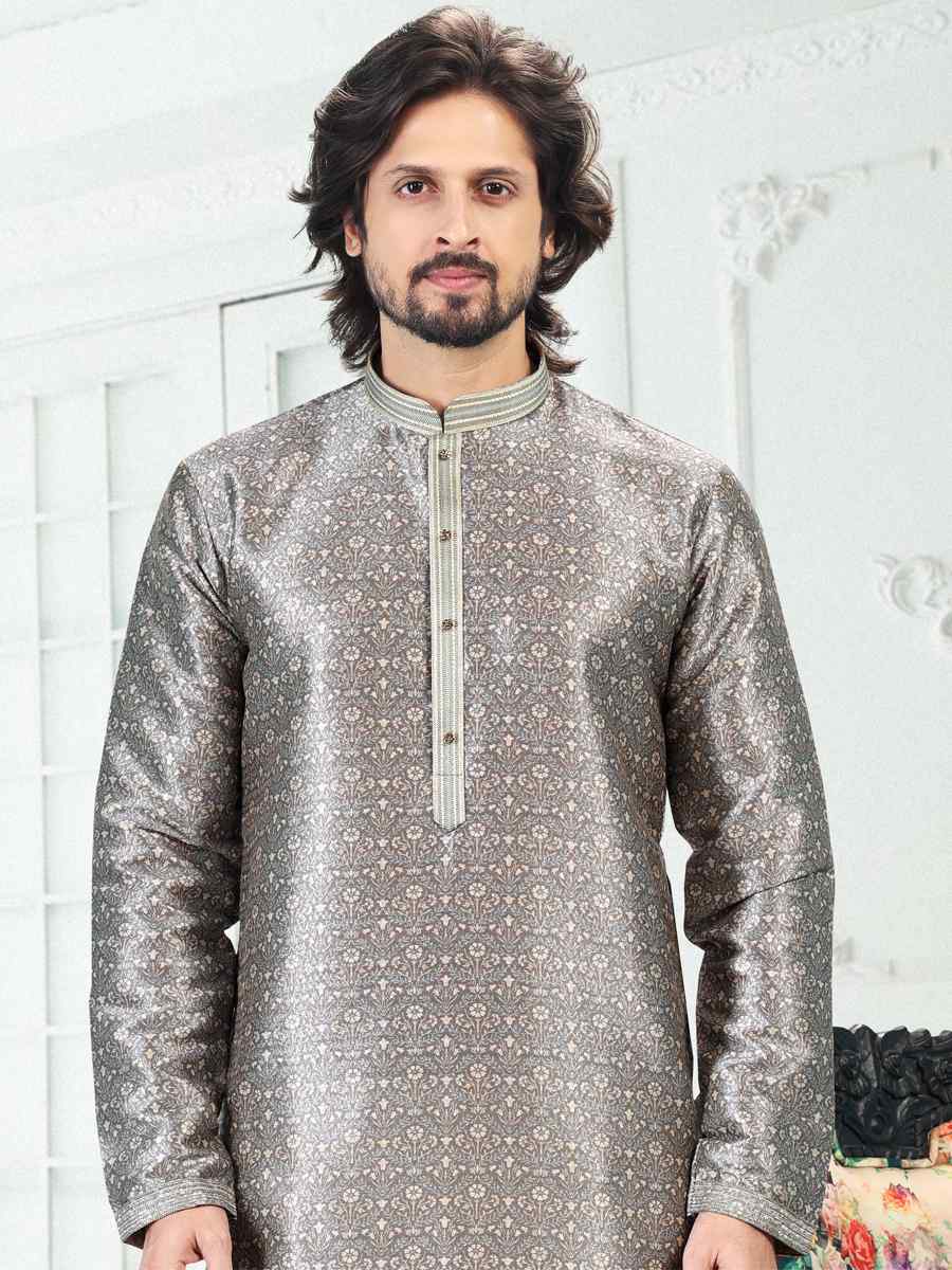 Gray Banarasi Silk Woven Festival Party Kurta