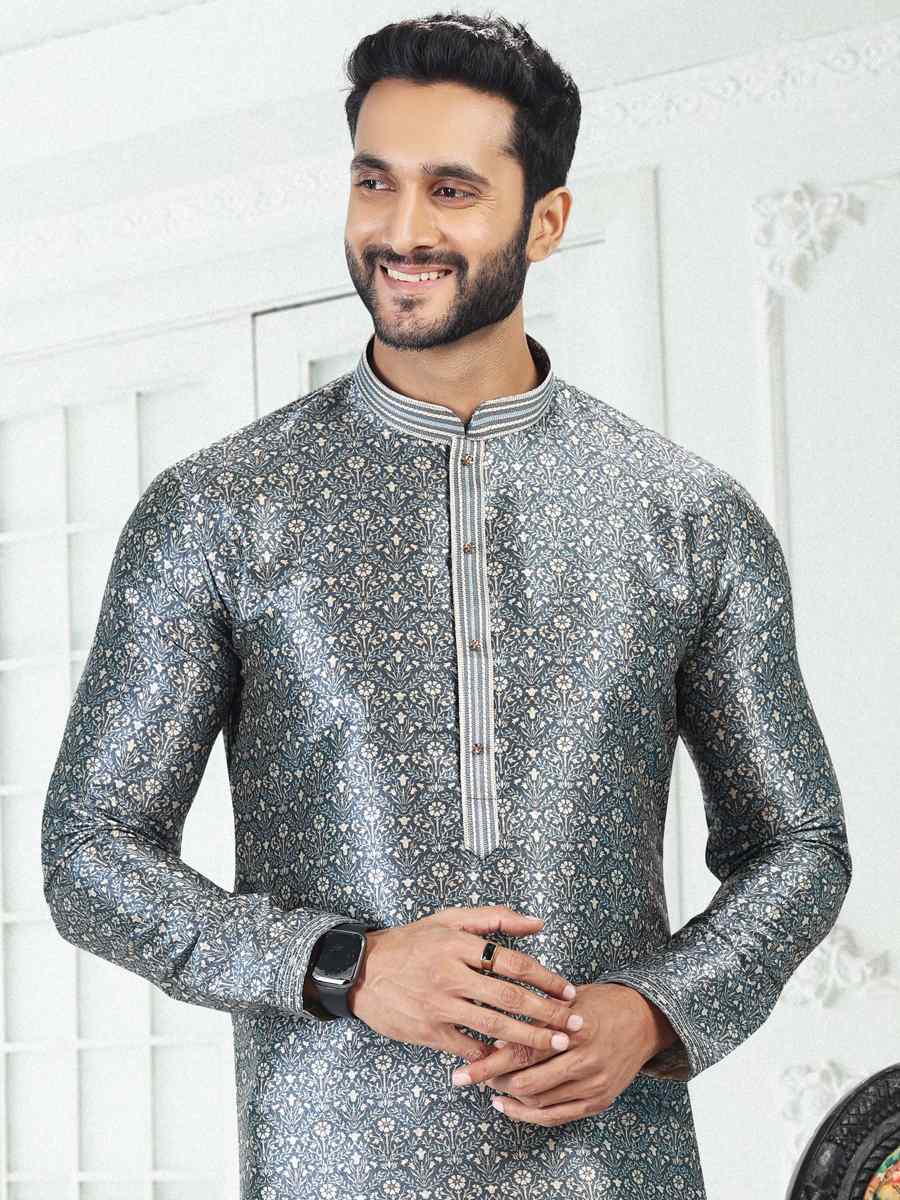 Gray Banarasi Silk Woven Festival Party Kurta