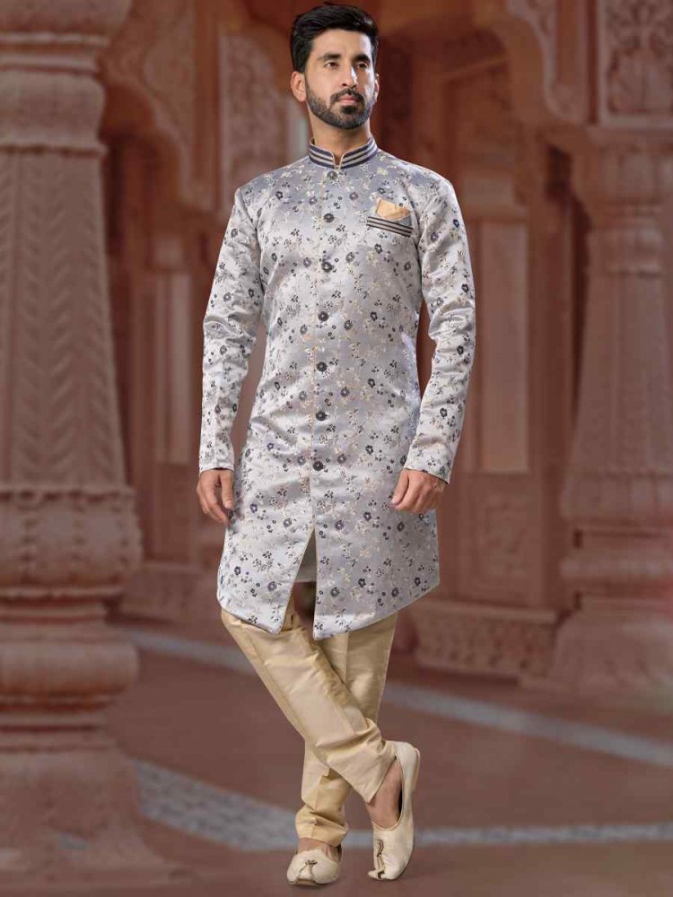 Gray Banarasi Soft Jacquard Embroidered Groom Wedding Sherwani