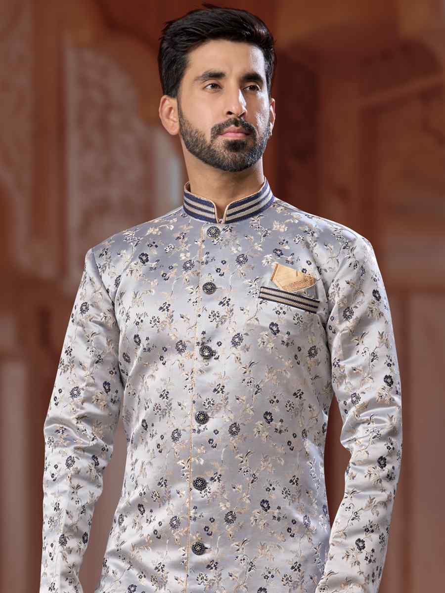 Gray Banarasi Soft Jacquard Embroidered Groom Wedding Sherwani
