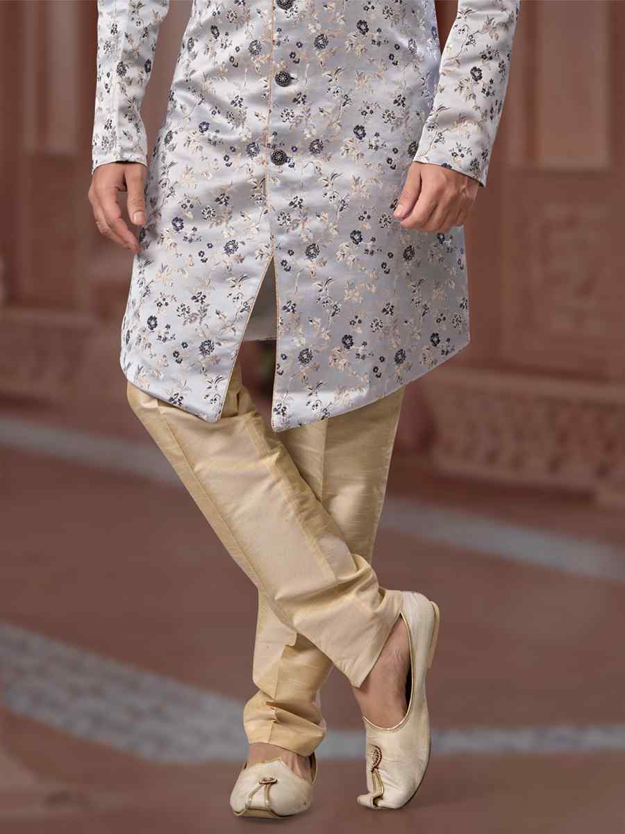 Gray Banarasi Soft Jacquard Embroidered Groom Wedding Sherwani