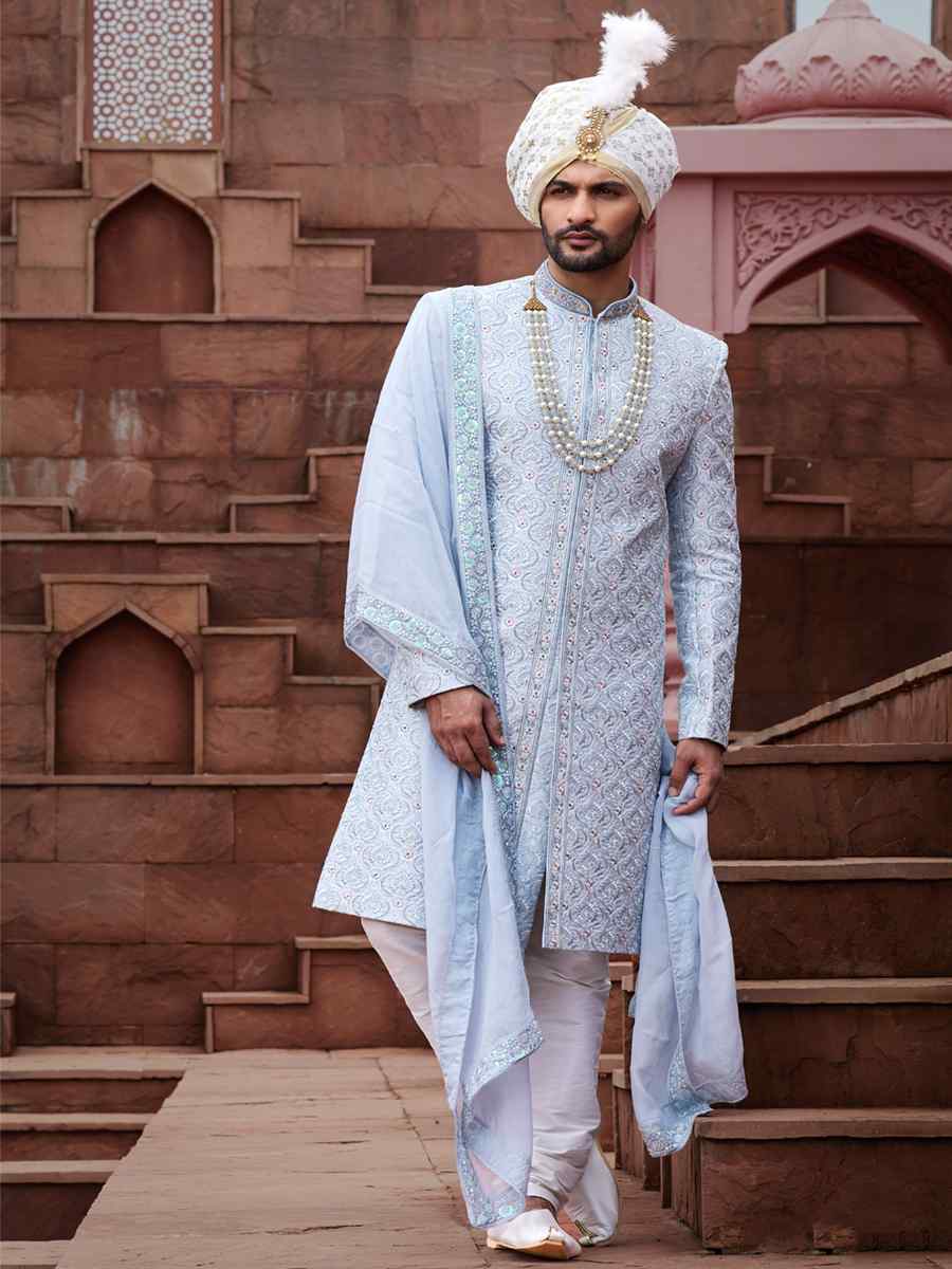 Gray Blue Art Silk Embroidered Groom Wedding Sherwani