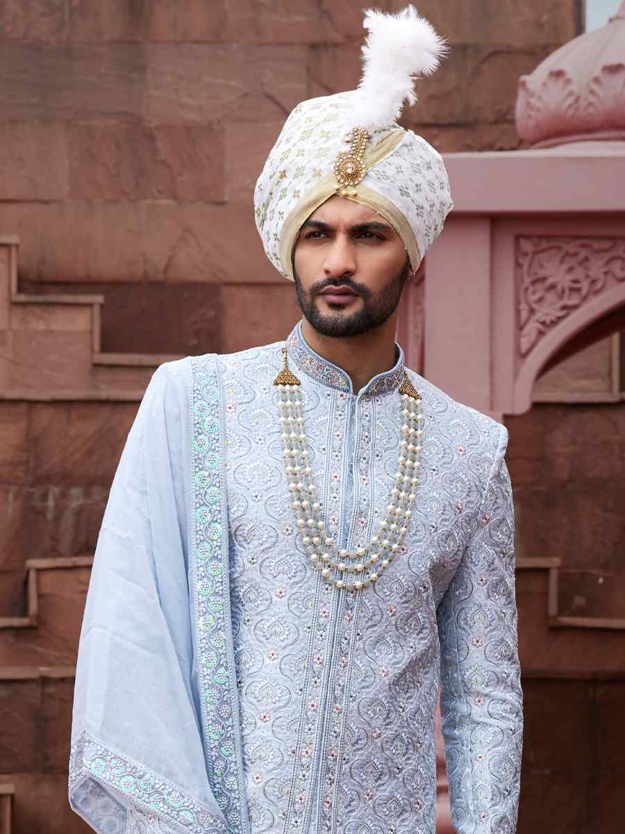 Gray Blue Art Silk Embroidered Groom Wedding Sherwani