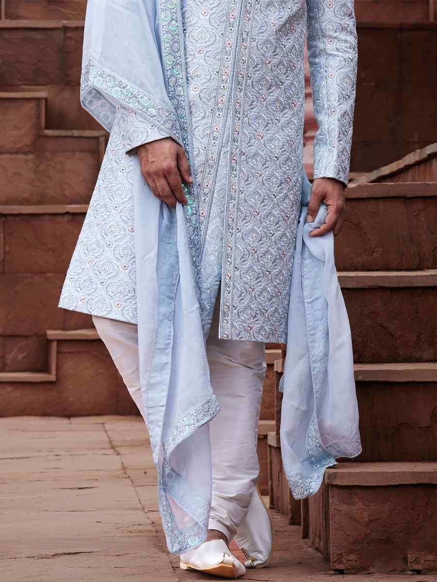 Gray Blue Art Silk Embroidered Groom Wedding Sherwani