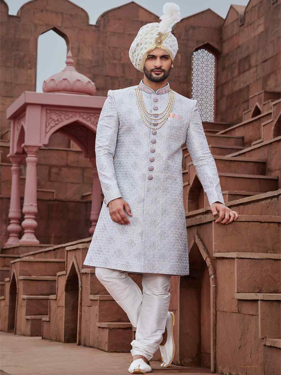 Gray Blue Art Silk Embroidered Groom Wedding Sherwani