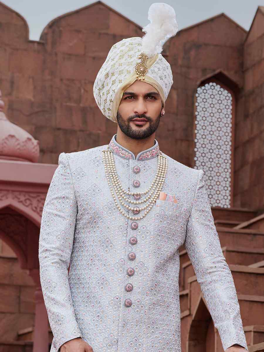 Gray Blue Art Silk Embroidered Groom Wedding Sherwani