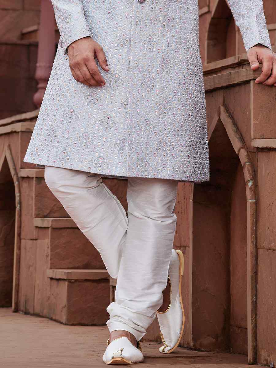 Gray Blue Art Silk Embroidered Groom Wedding Sherwani