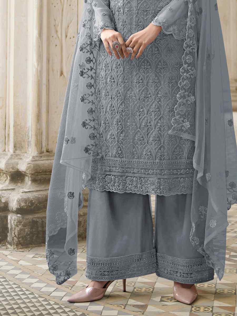 Gray Butterfly Net Embroidered Wedding Party Palazzo Pant Salwar Kameez