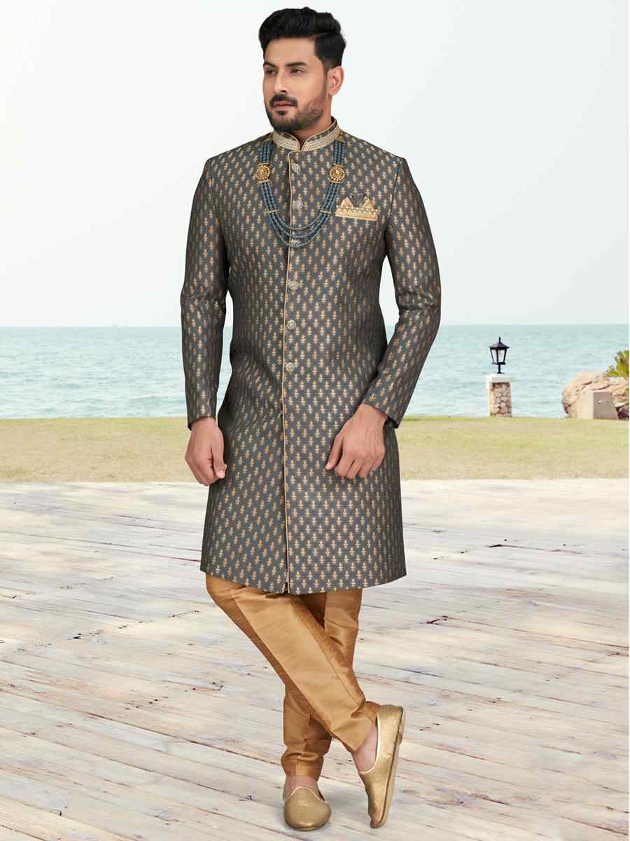 Gray Champion Silk Printed Festival Party Sherwani