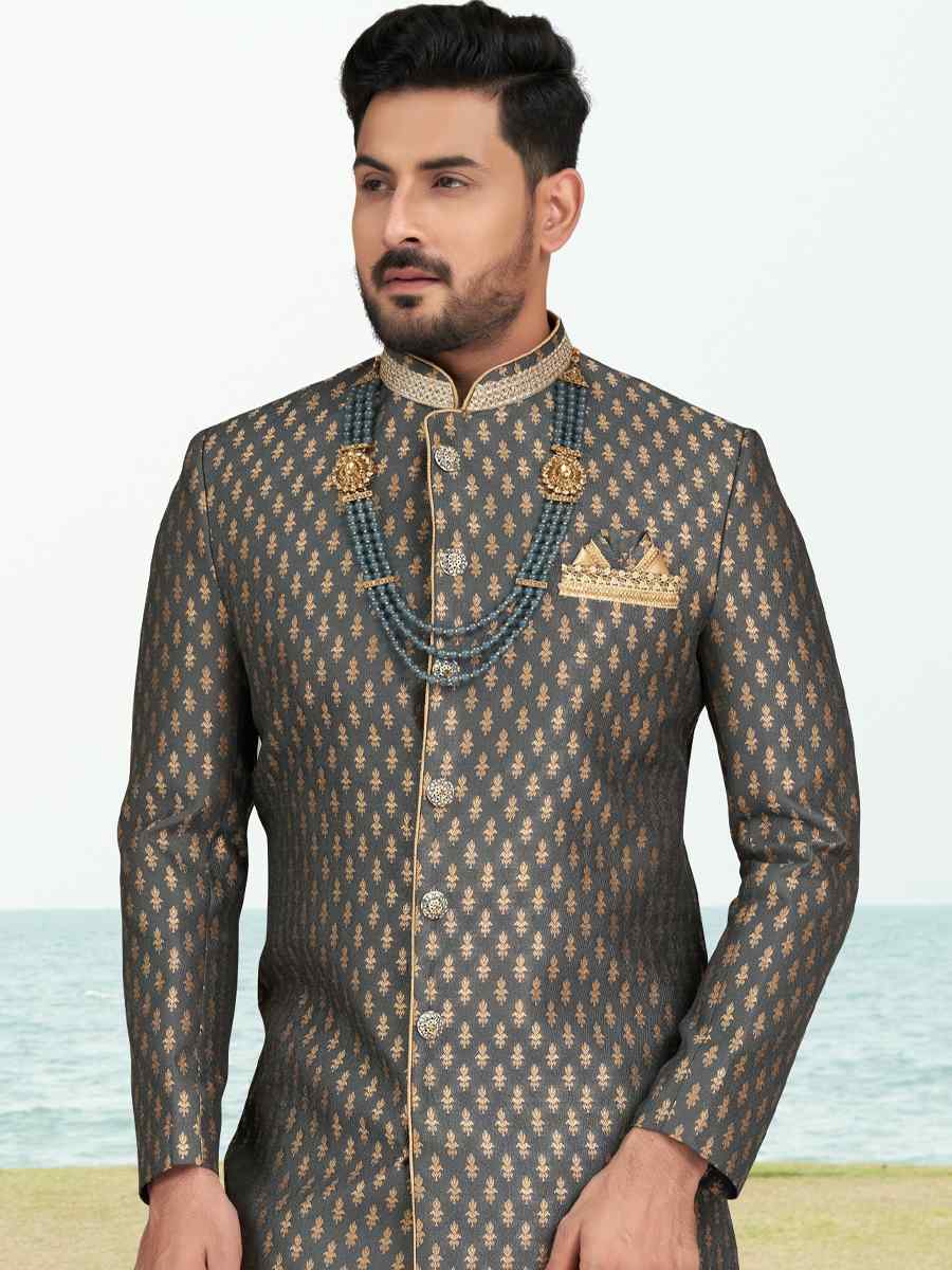 Gray Champion Silk Printed Festival Party Sherwani
