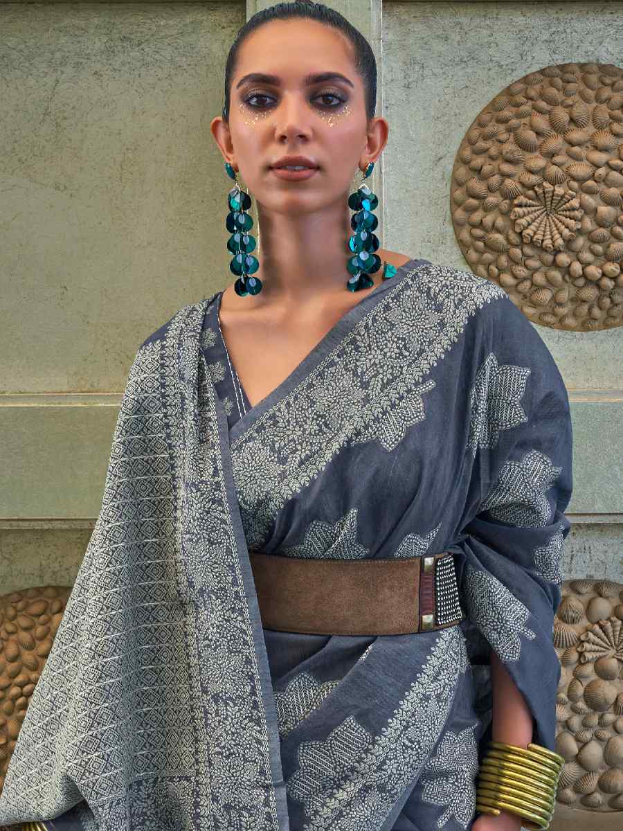 Gray Chickankari Lucknowi Silk Handwoven Party Festival Heavy Border Saree