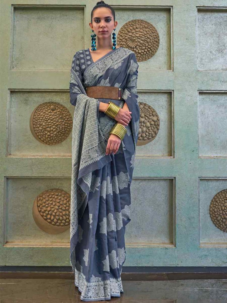 Gray Chickankari Lucknowi Silk Handwoven Party Festival Heavy Border Saree