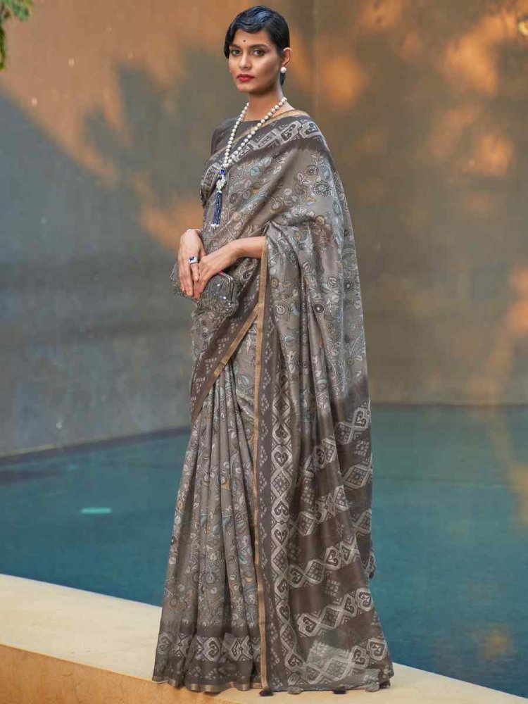 Gray Cotton Printed Casual Festival Contemporary Saree