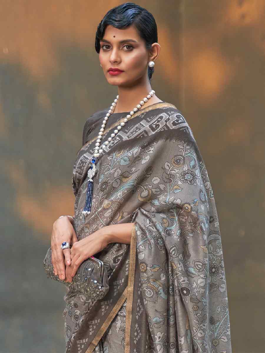 Gray Cotton Printed Casual Festival Contemporary Saree
