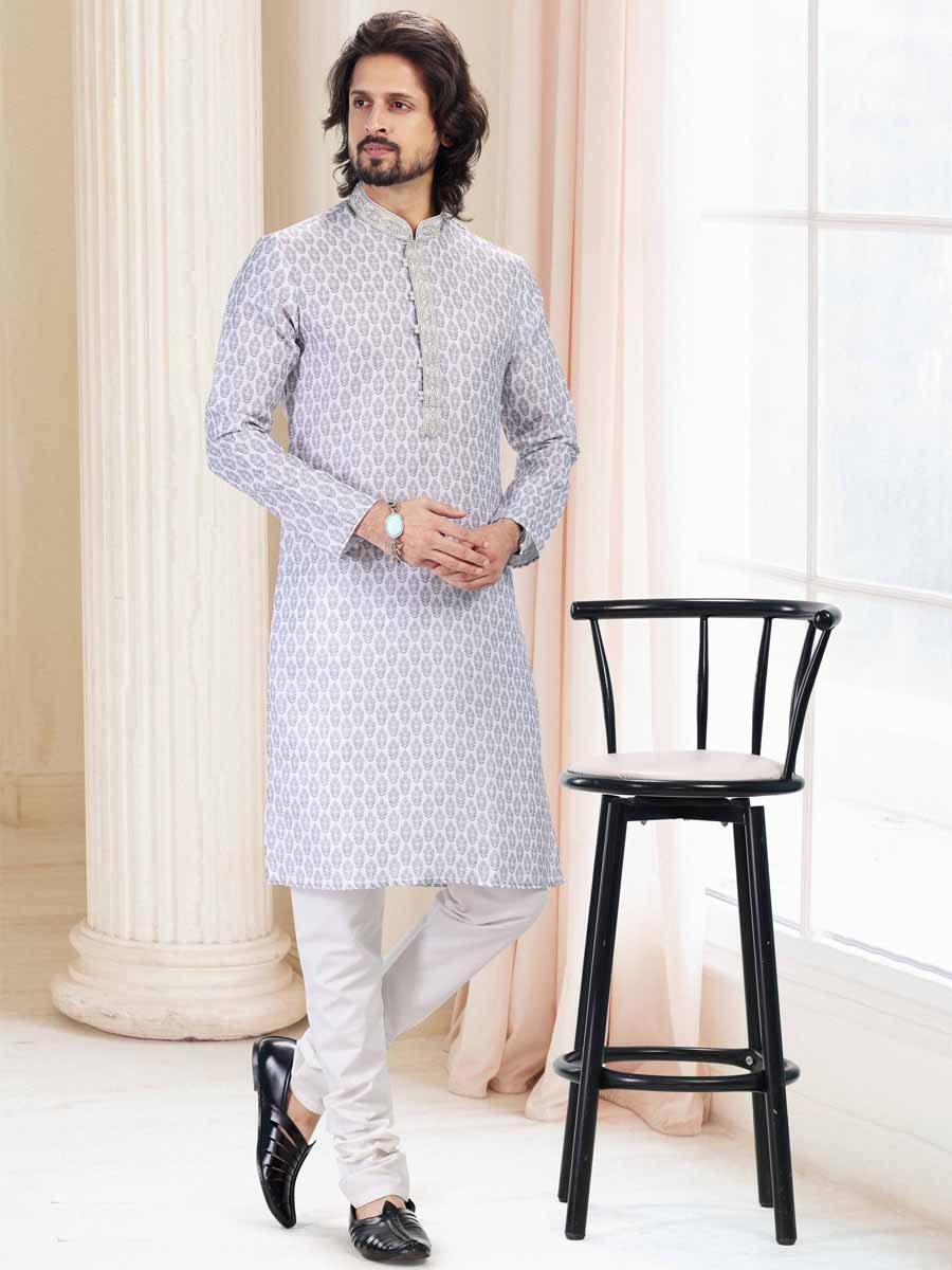 Gray Cotton Printed Festival Mehendi Kurta