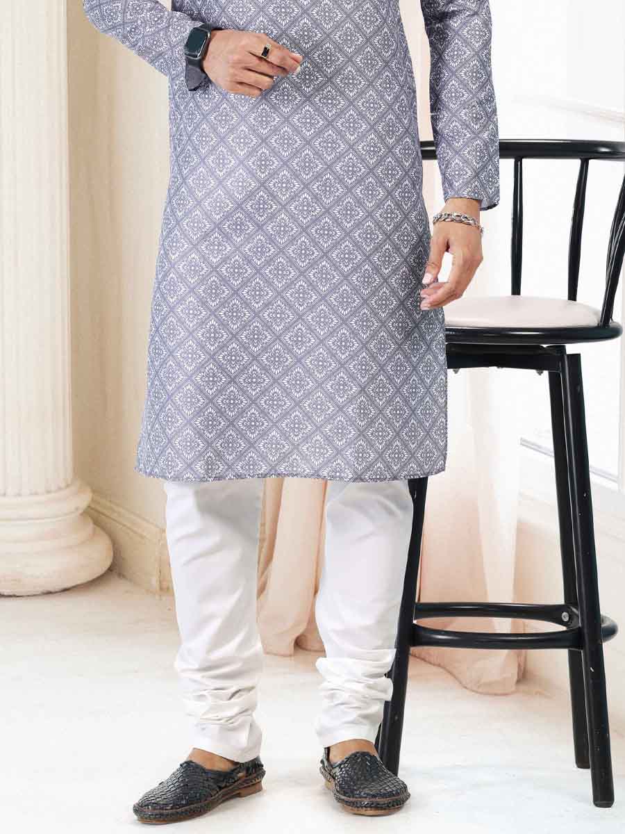 Gray Cotton Printed Festival Mehendi Kurta