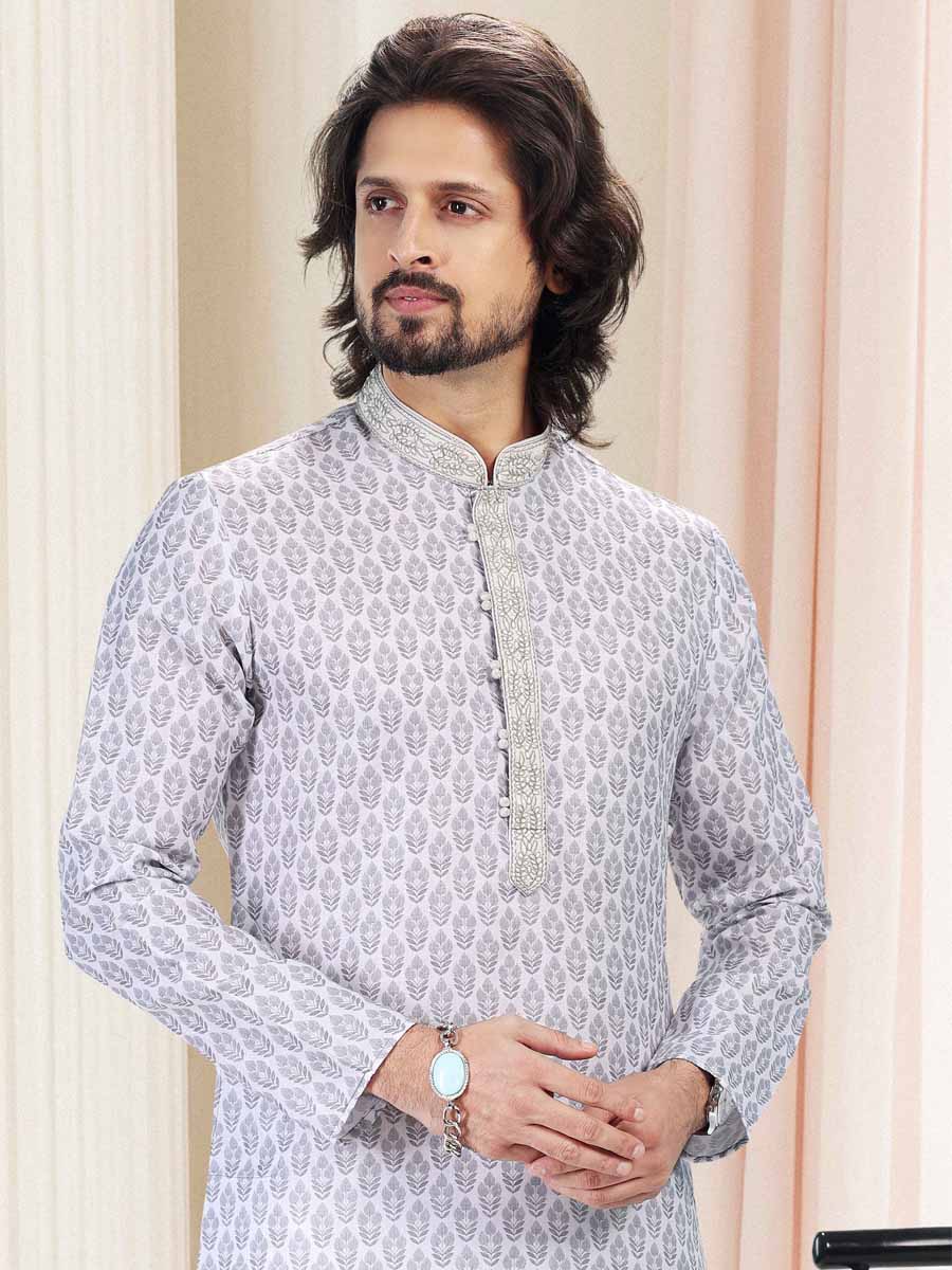 Gray Cotton Printed Festival Mehendi Kurta