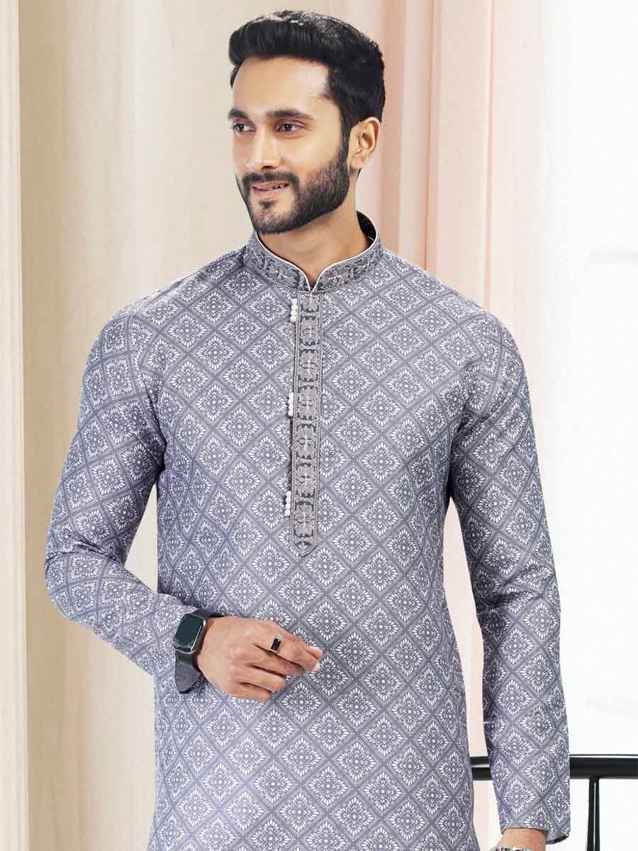 Gray Cotton Printed Festival Mehendi Kurta