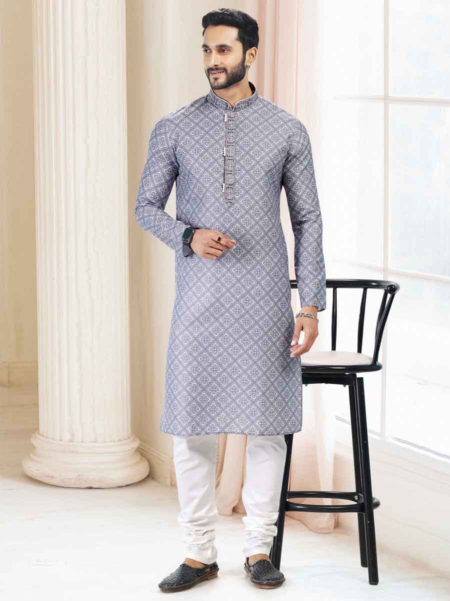 Gray Cotton Printed Festival Mehendi Kurta