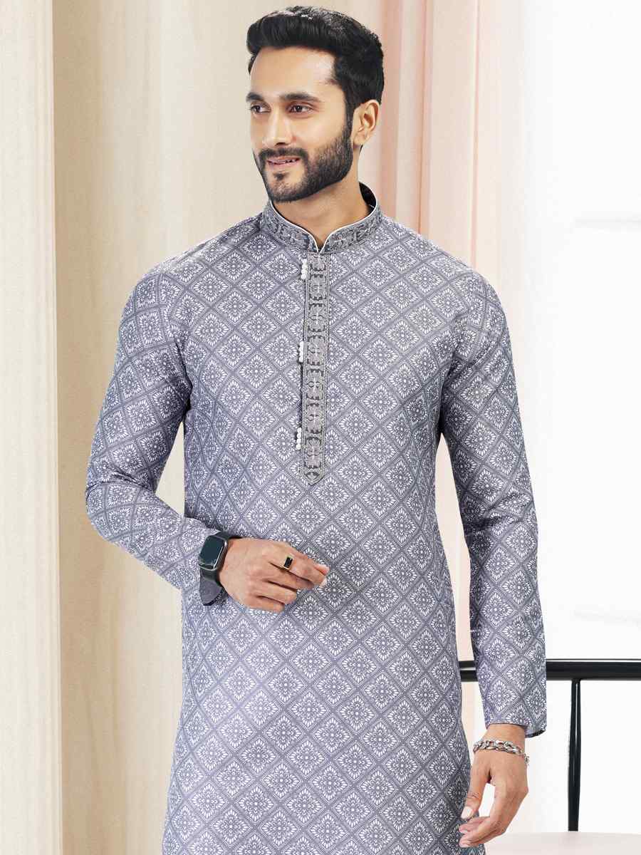 Gray Cotton Woven Festival Party Kurta