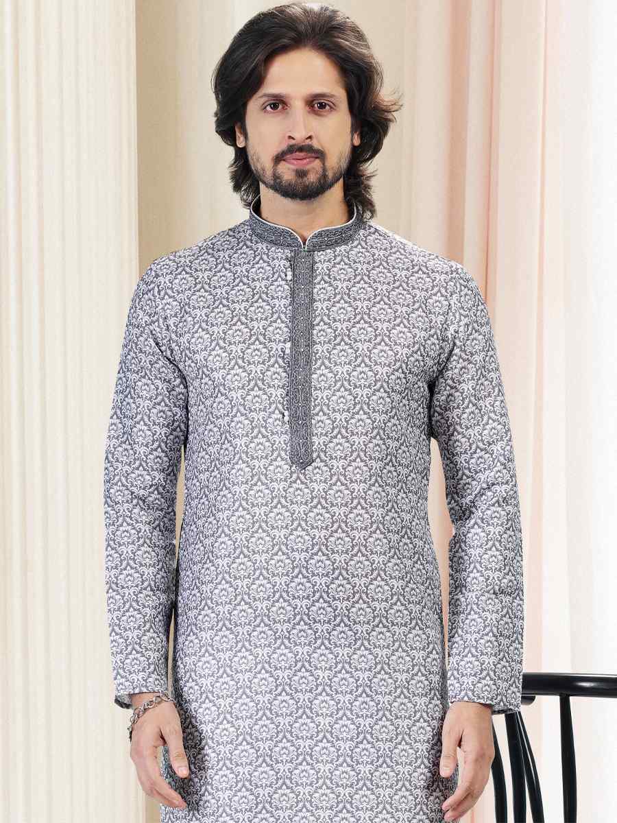 Gray Cotton Woven Festival Party Kurta