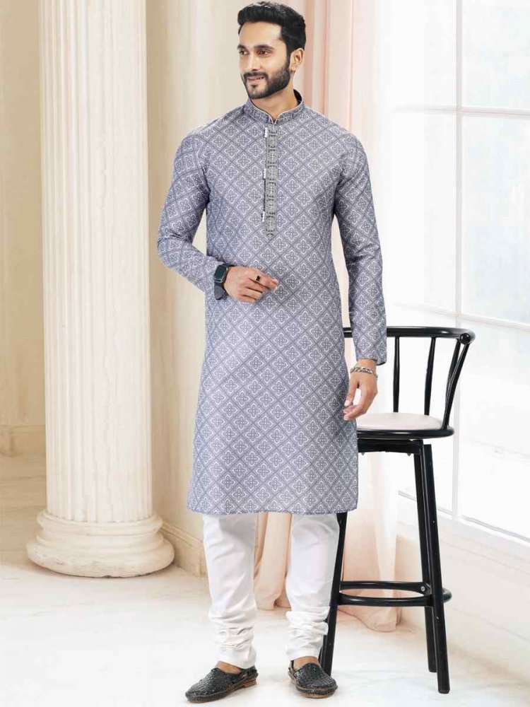 Gray Cotton Woven Festival Party Kurta