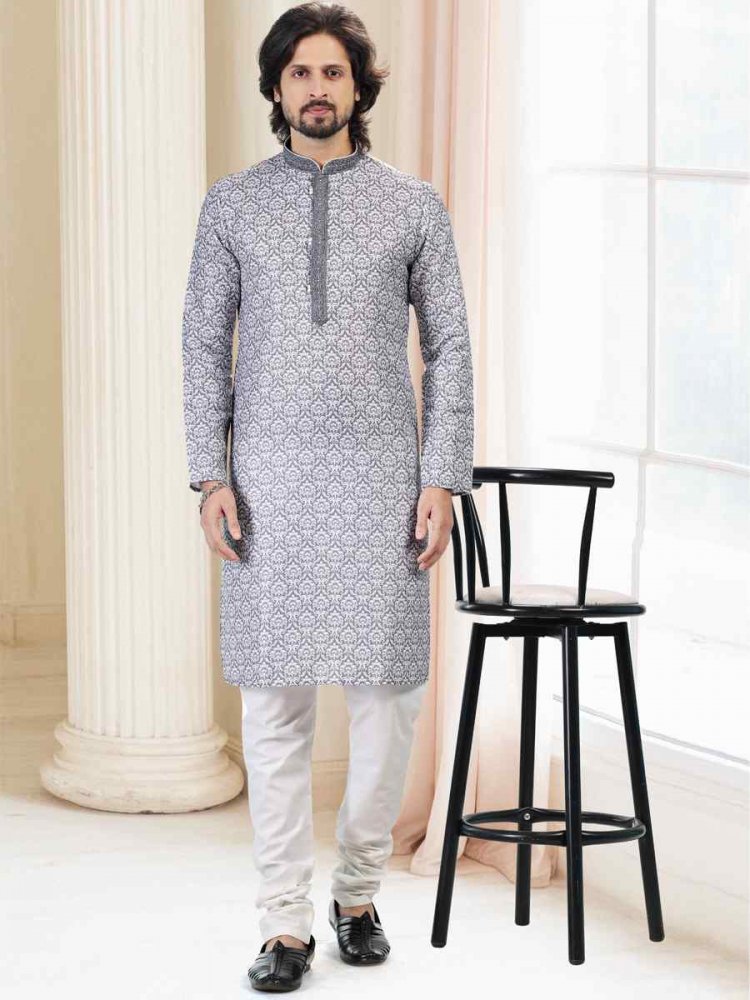 Gray Cotton Woven Festival Party Kurta