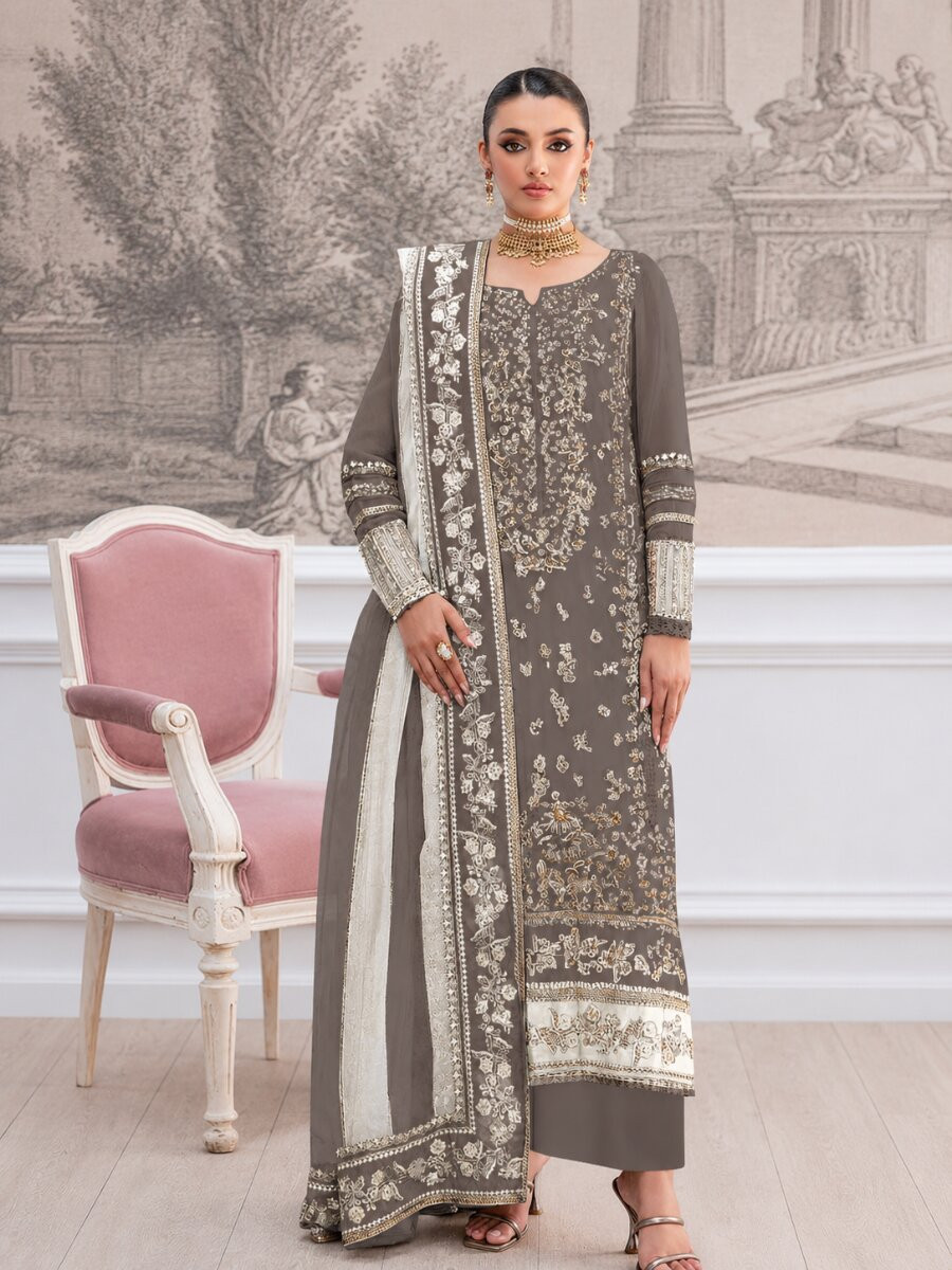 Gray Crunchy Embroidery Zari Sequins Khatli Work Wedding Party Festival Casual Palazzo Pant Salwar Kameez