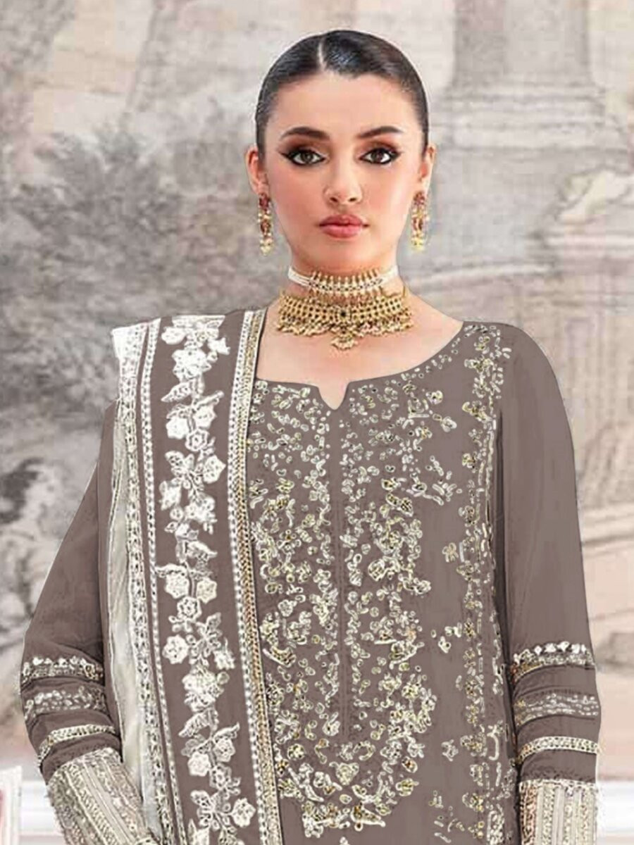 Gray Crunchy Embroidery Zari Sequins Khatli Work Wedding Party Festival Casual Palazzo Pant Salwar Kameez