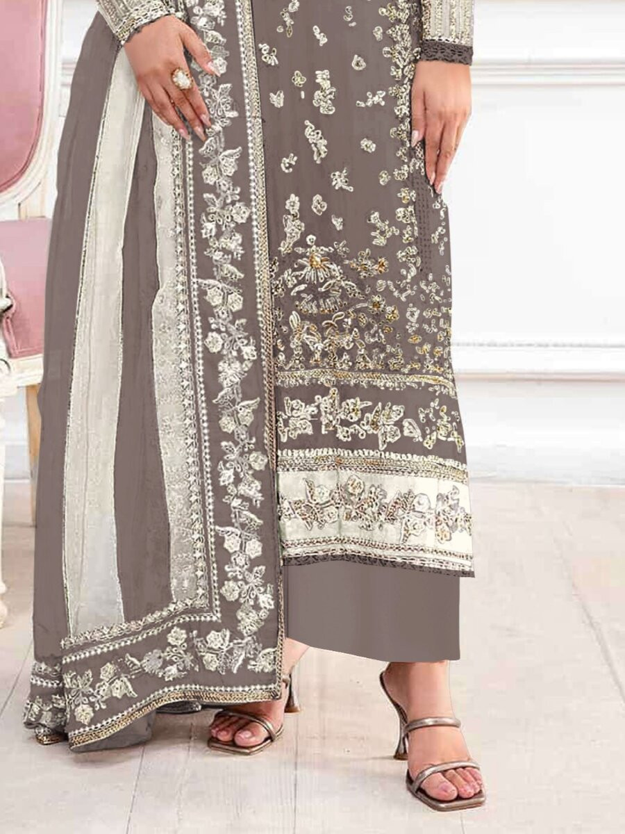 Gray Crunchy Embroidery Zari Sequins Khatli Work Wedding Party Festival Casual Palazzo Pant Salwar Kameez