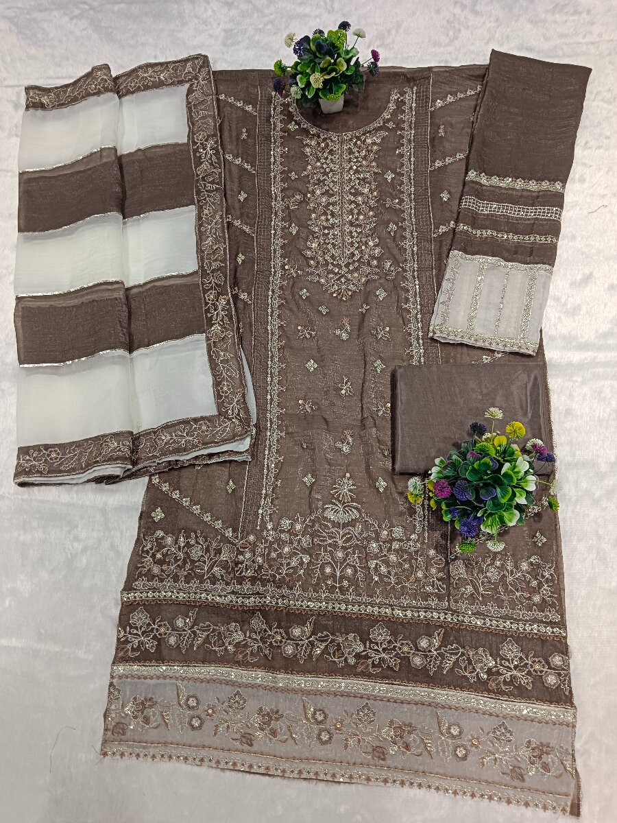Gray Crunchy Embroidery Zari Sequins Khatli Work Wedding Party Festival Casual Palazzo Pant Salwar Kameez