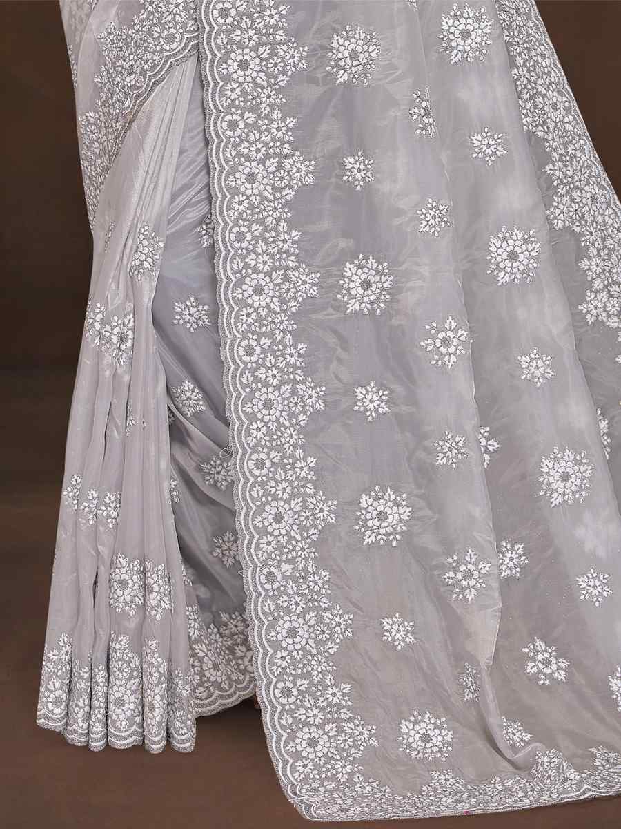 Gray Crystal Organza Embroidered Wedding Party Heavy Border Saree
