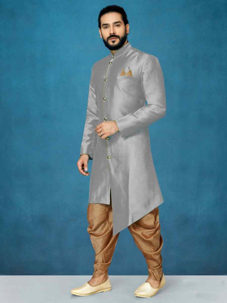 Gray Dhupion Art Silk Woven Festival Wedding Sherwani