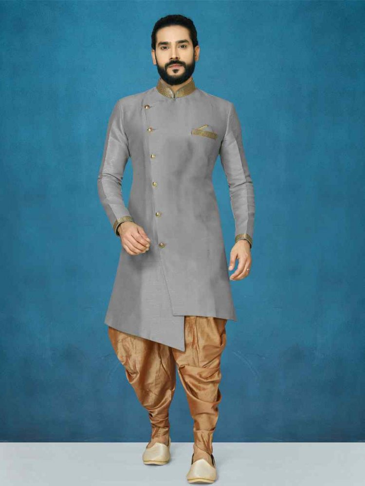 Gray Dupion Art Silk Cutwork Wedding Party Sherwani