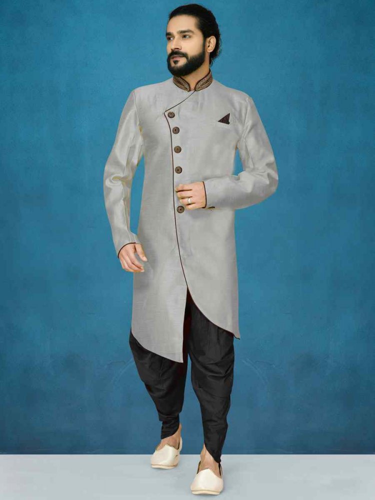 Gray Dupion Art Silk Cutwork Wedding Party Sherwani