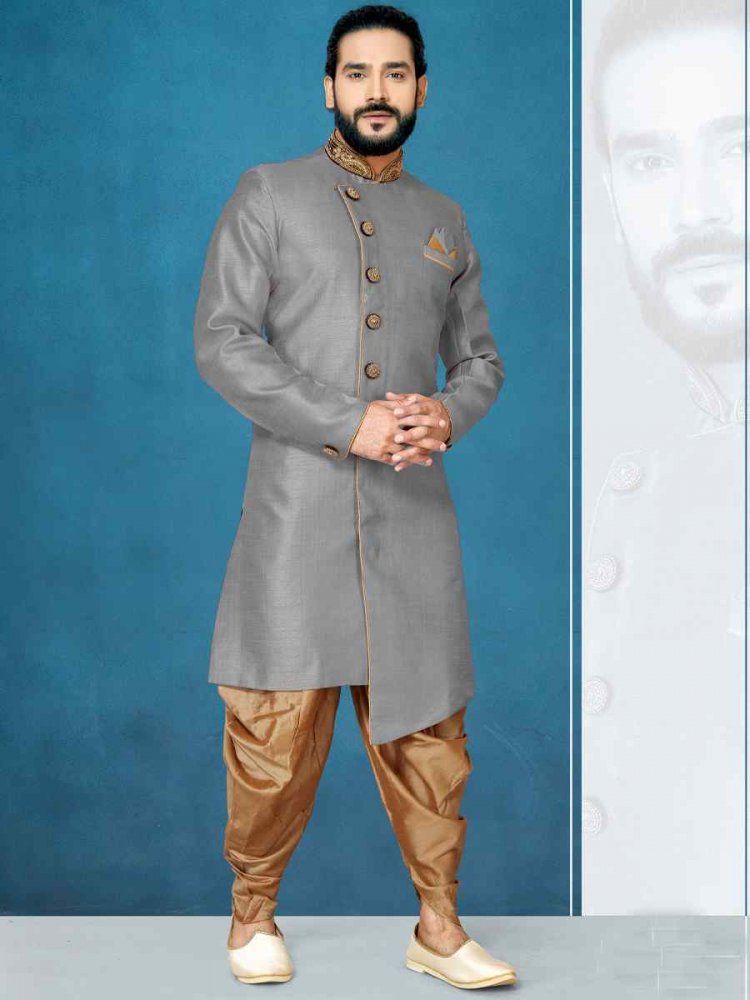 Gray Dupion Art Silk Cutwork Wedding Party Sherwani