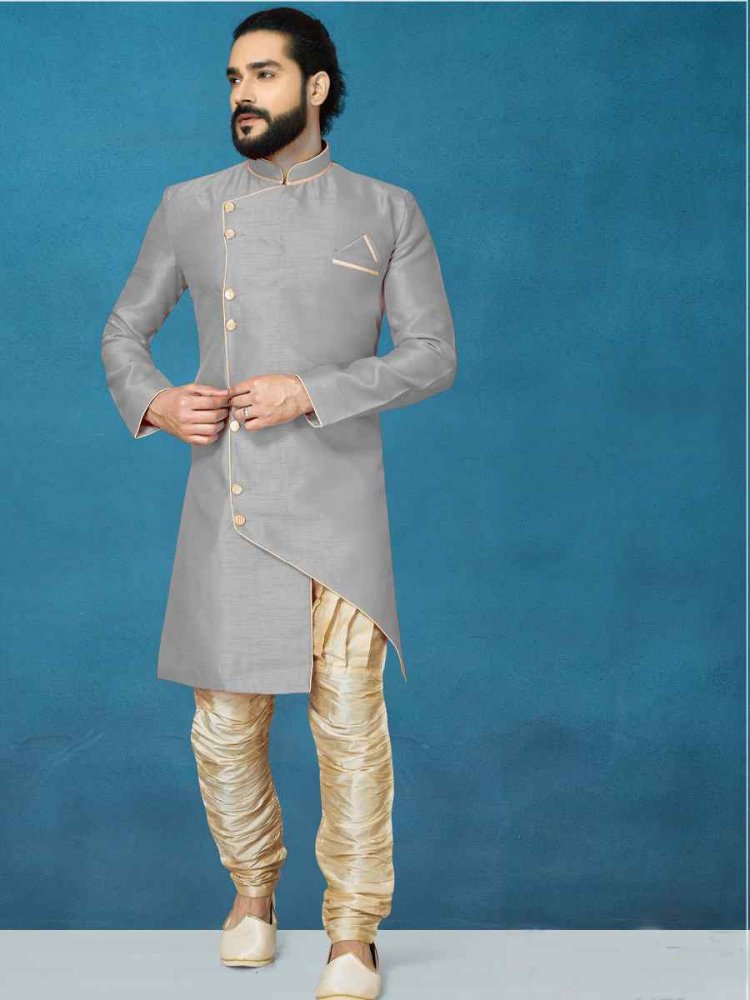 Gray Dupion Art Silk Cutwork Wedding Party Sherwani