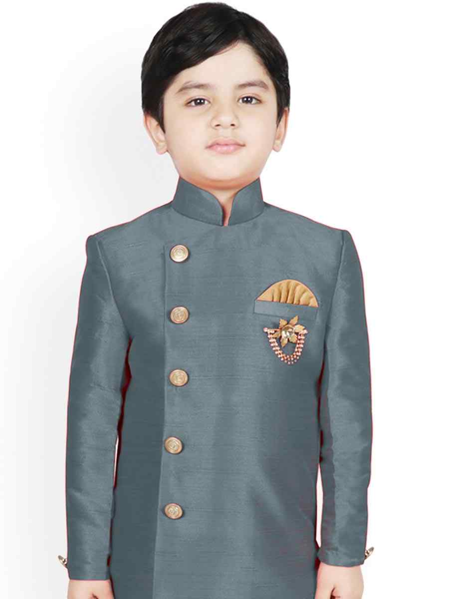 Gray Dupion Silk Brocade Festival Traditional Kurta Dhoti Boys Wear