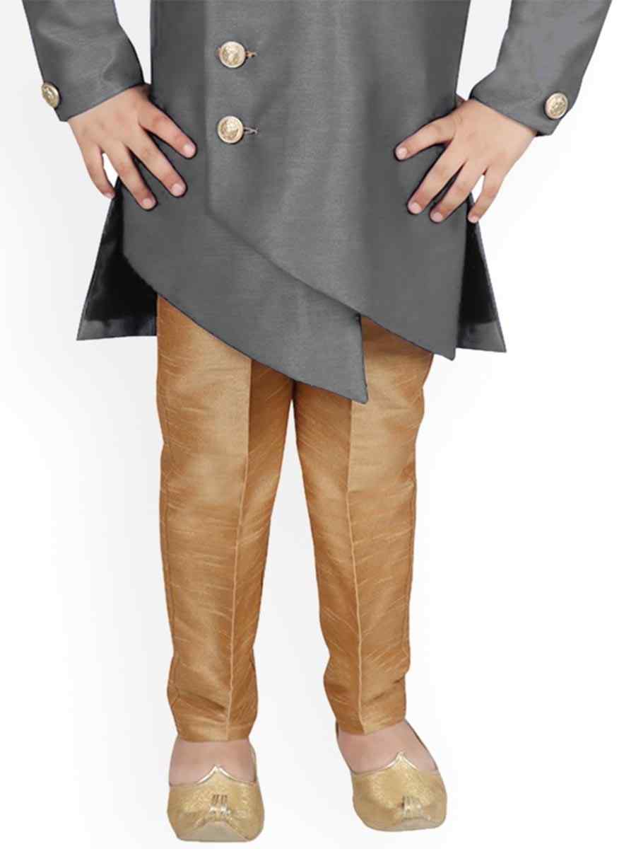 Gray Dupion Silk Brocade Festival Traditional Kurta Pyjama Boys Wear