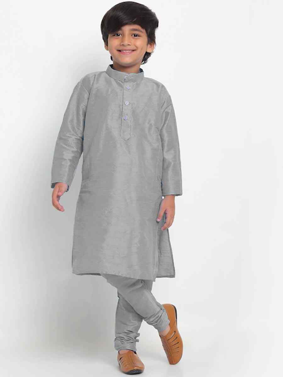 Gray Dupion Silk Brocade Festival Traditional Kurta Pyjama Boys Wear