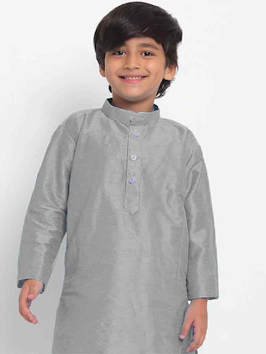 Gray Dupion Silk Brocade Festival Traditional Kurta Pyjama Boys Wear